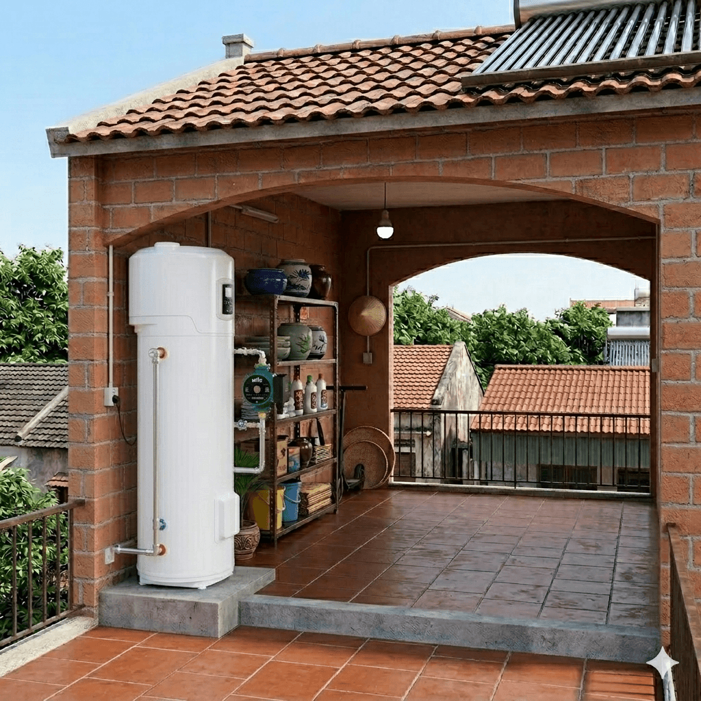 Hình ảnh thực tế thi công máy bơm nhiệt Ariston Nuos Plus WiFi 250 tại Hòa Bình. Sản phẩm kết hợp công nghệ tiết kiệm điện 80% với thiết kế tinh tế, phù hợp cho cả những công trình có kiến trúc cổ truyền, không gian xưa.