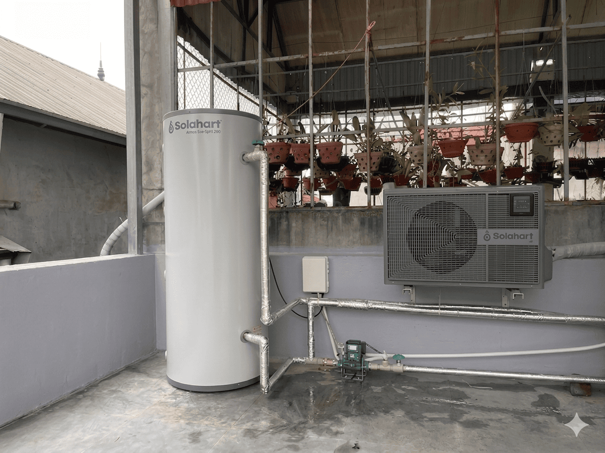 Hình ảnh lắp đặt thực tế máy bơm nhiệt Solahart Atmos Eco Split 320L tại biệt thự Starlake Tây Hồ