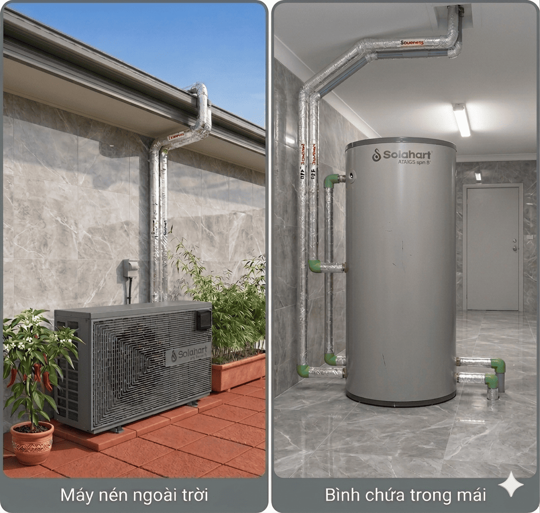 Mô tả vị trí lắp đặt thực tế máy nén ngoài trời và bình bảo ôn trong nhà của Solahart Atmos Eco Split 320L